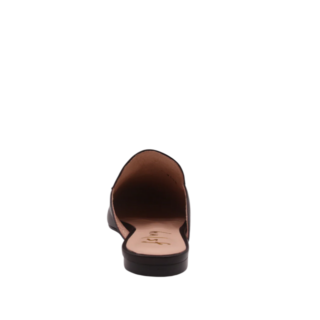 Black leather mule with almond toe, low heel, and a gold buckle detail on the upper back view 