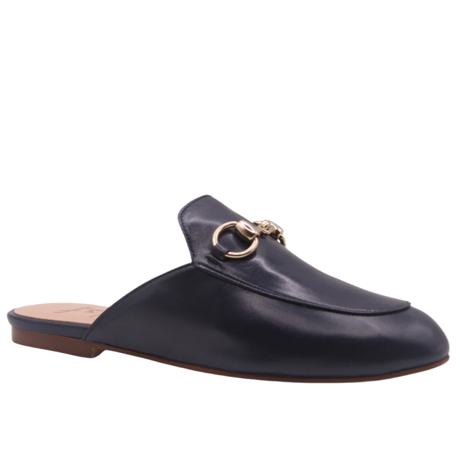 Navy leather mule with almond toe, low heel, and a gold buckle detail on the upper angle view 
