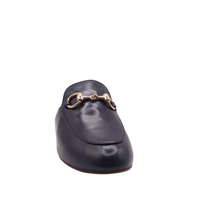 Navy leather mule with almond toe, low heel, and a gold buckle detail on the upper front view