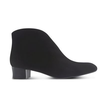 Black suede ankle boot with a low block heel and a smooth, minimal silhouette. Side View 