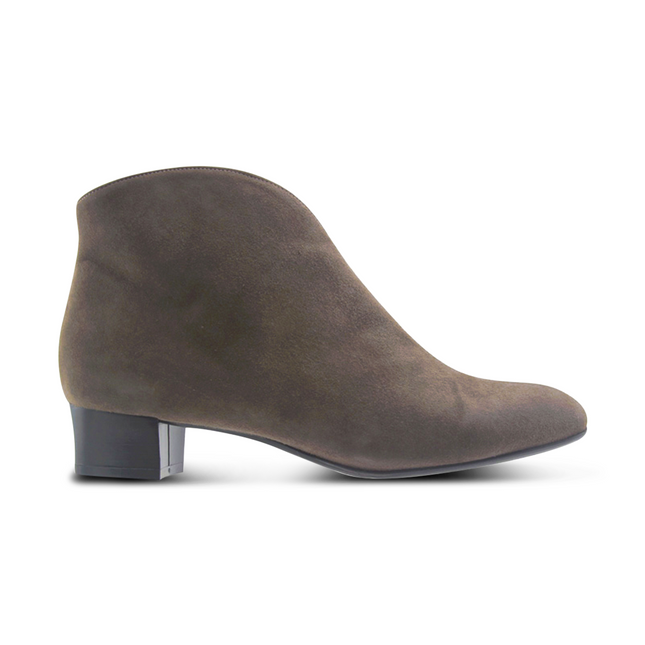 Grey suede ankle boot with a low block heel and a smooth, minimal silhouette. Side View