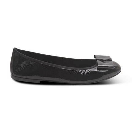 Black Naplak ballet flat with a rounded toe and a large folded bow accent on the front. Side View