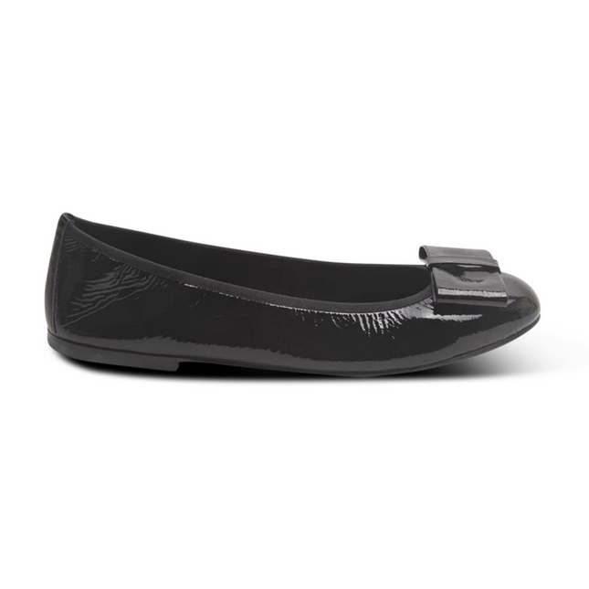 Black Naplak ballet flat with a rounded toe and a large folded bow accent on the front. Side View