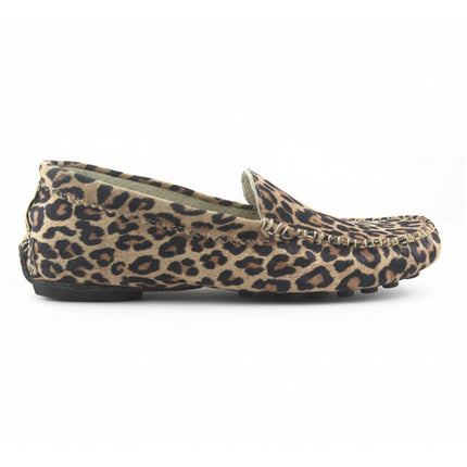 Leopard-print suede loafer with a rounded moc-toe design and stitched detailing around the toe Side view 