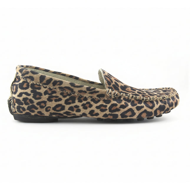 Leopard-print suede loafer with a rounded moc-toe design and stitched detailing around the toe Side view 