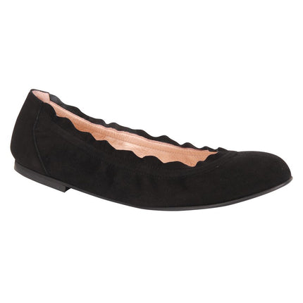 black suede ballet flat with a rounded toe and elasticated topline. angle view 