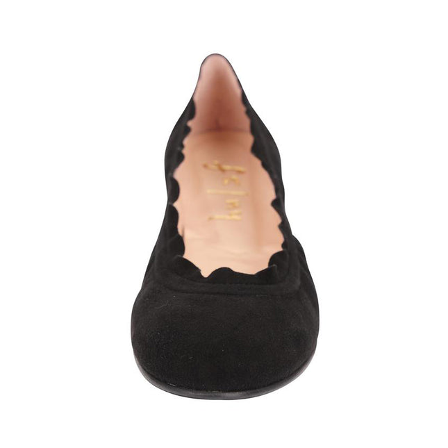 black suede ballet flat with a rounded toe and elasticated topline. top view 