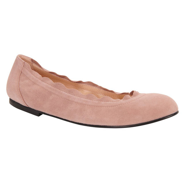 light pink suede ballet flat with a rounded toe and elasticated topline. angle view