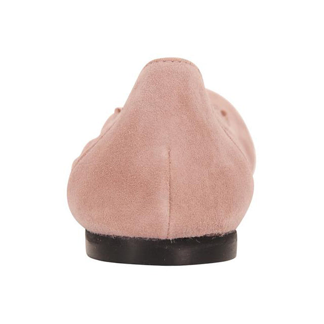 light pink suede ballet flat with a rounded toe and elasticated topline. back view
