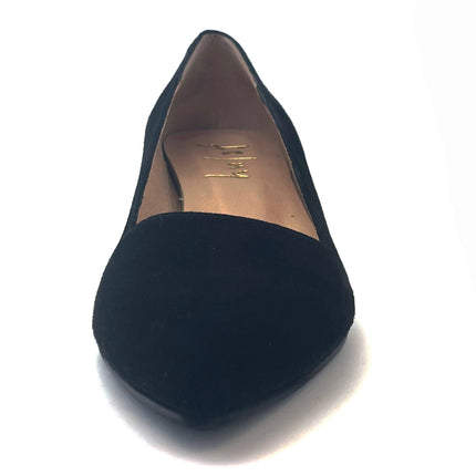 WEDGE HEEL 
BLACK PATENT HEEL 
BLACK SUEDE BODY 
POINTED TOE 
FRONT VIEW