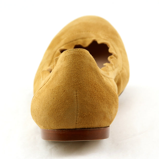 honey suede ballet flat with a rounded toe and elasticated topline. back view 