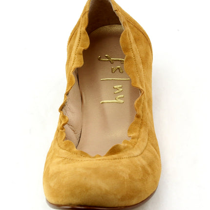 honey suede ballet flat with a rounded toe and elasticated topline. top view 