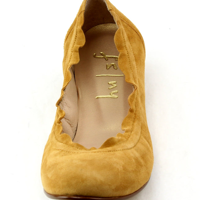 honey suede ballet flat with a rounded toe and elasticated topline. top view 
