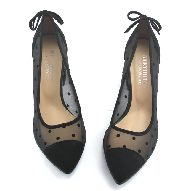 both shoes Black mesh pump with polka-dot detailing, a suede closed pointed toe, and a block heel. 