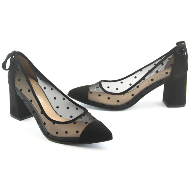 both shoes Black mesh pump with polka-dot detailing, a suede closed pointed toe, and a block heel. 