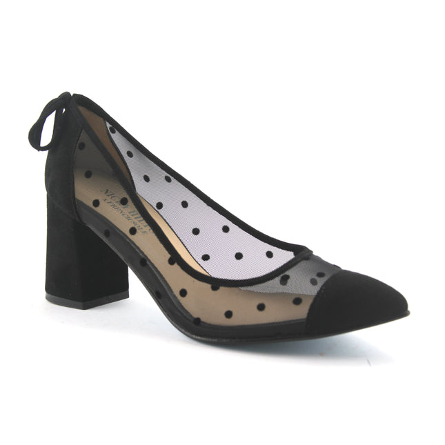 Black mesh pump with polka-dot detailing, a closed pointed toe, and a block heel. angle view