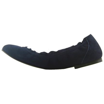 navy suede ballet flat with a rounded toe and elasticated topline angle view 