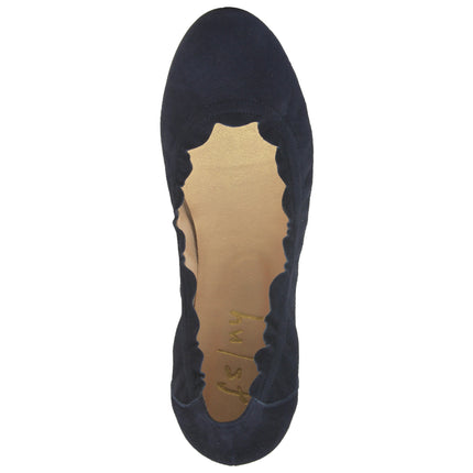 navy suede ballet flat with a rounded toe and elasticated topline top view 