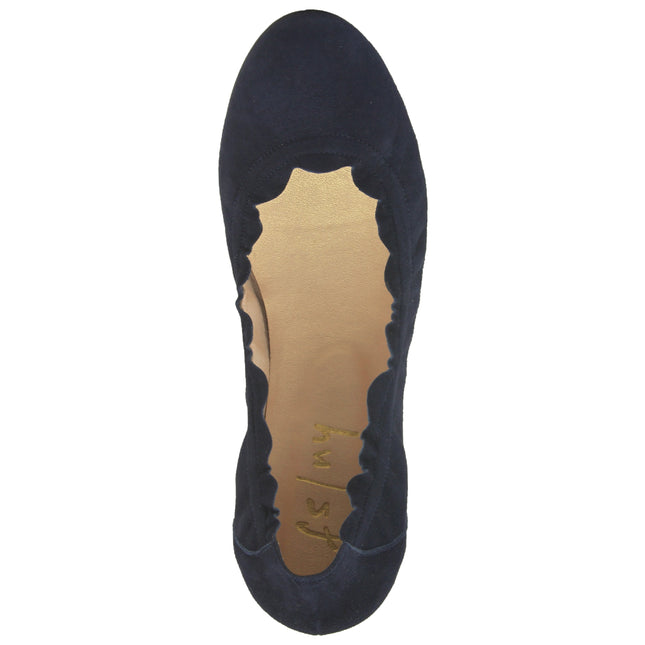 navy suede ballet flat with a rounded toe and elasticated topline top view 