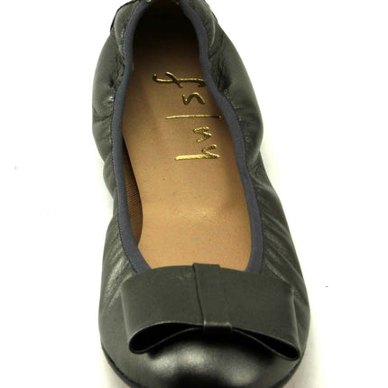 Pewter Metallic leather ballet flat with a rounded toe and a large folded bow accent on the front. Front View 