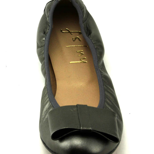 Pewter Metallic leather ballet flat with a rounded toe and a large folded bow accent on the front. Front View 