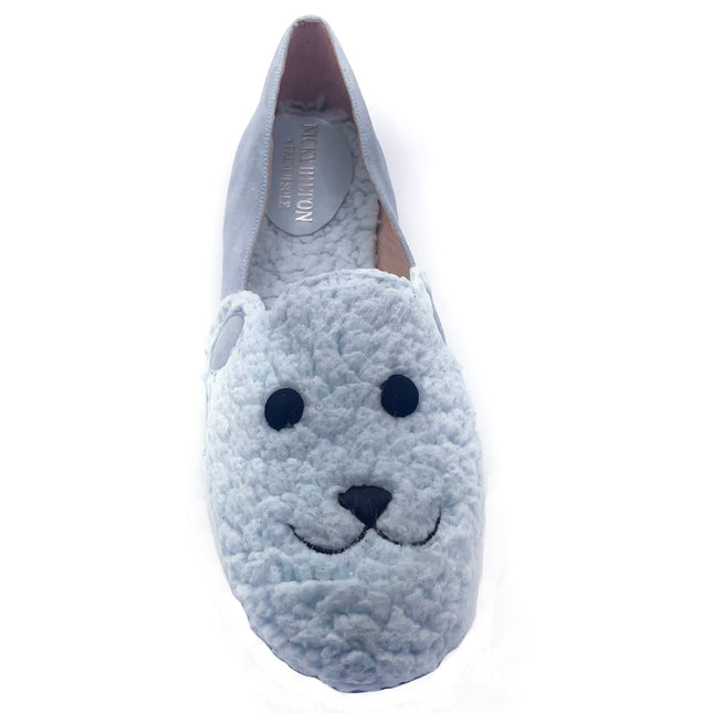 blue suede loafer with a textured teddy-fleece upper featuring stitched teddy bear face outline top view