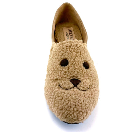 Beige suede loafer with a textured teddy-fleece upper featuring stitched teddy bear face outline top viw