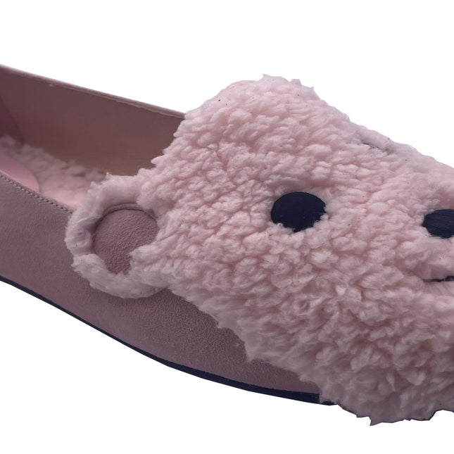 pink suede loafer with a textured teddy-fleece upper featuring stitched teddy bear face outline angle side view