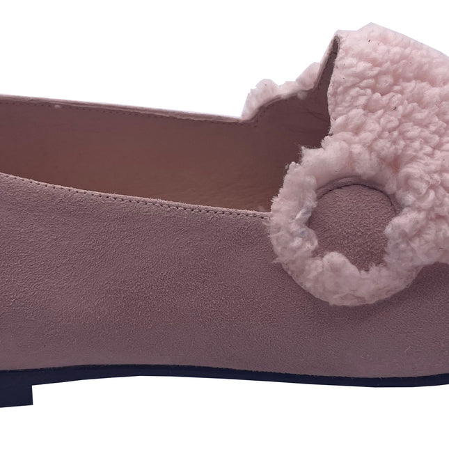 pink suede loafer with a textured teddy-fleece upper featuring stitched teddy bear face outline side view