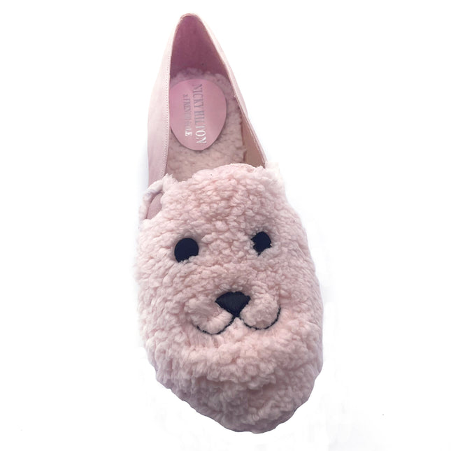 pink suede loafer with a textured teddy-fleece upper featuring stitched teddy bear face outline top view