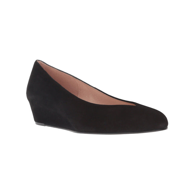 black suede almond toe wedge heel with a v cut opening - Angle View
Wedge Heel - Suede 
Body Suede