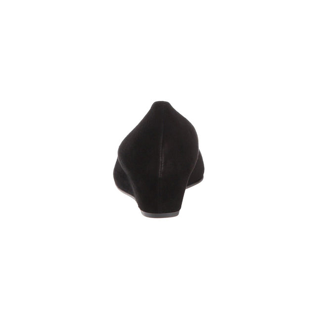 black suede almond toe wedge heel with a v cut opening - back view
Wedge Heel - Suede 
Body Suede