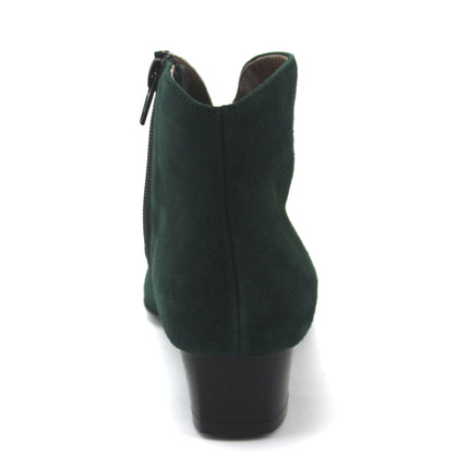 Hunter Green suede ankle boot with a low block heel and a smooth, minimal silhouette. back view 