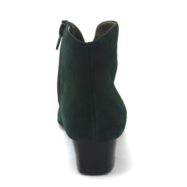 Hunter Green suede ankle boot with a low block heel and a smooth, minimal silhouette. back view 