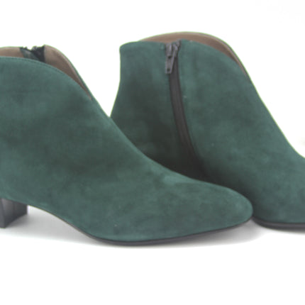Hunter Green suede ankle boot with a low block heel and a smooth, minimal silhouette. Zipper on inside of the bootie to close