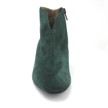 Hunter Green suede ankle boot with a low block heel and a smooth, minimal silhouette. front view 