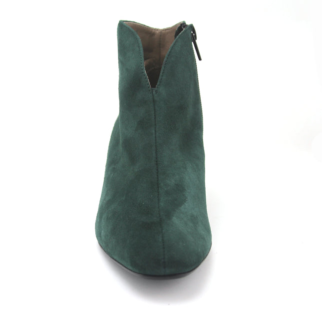 Hunter Green suede ankle boot with a low block heel and a smooth, minimal silhouette. front view 