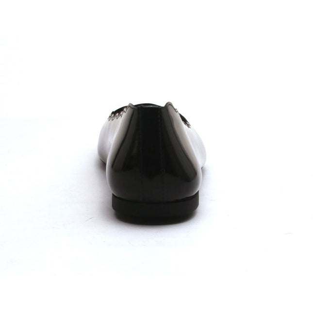 Back view of jigsaw black patent leather flat. 