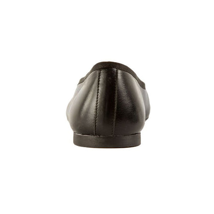 Black leather ballet flat with a rounded toe and a black drawstring bow back view 