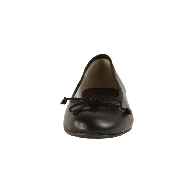 Black leather ballet flat with a rounded toe and a black drawstring bow front view 