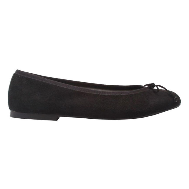 A black suede ballet flat with a bow detail on the toe and an adjustable drawstring.