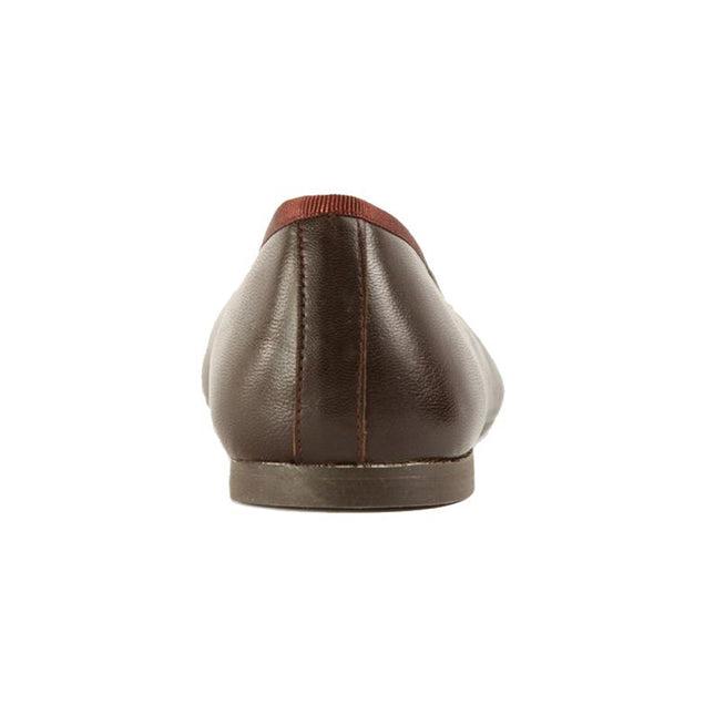 A chocolate brown, calfskin leather ballet flat with an adjustable drawstring and a lightly cushioned leather insole, displayed against a white background.