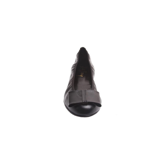 Black leather ballet flat with a rounded toe and a large folded bow accent on the front. Front View