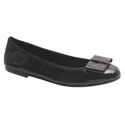 Black Naplak ballet flat with a rounded toe and a large folded bow accent on the front. Angle View 