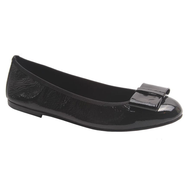 Black Naplak ballet flat with a rounded toe and a large folded bow accent on the front. Angle View 