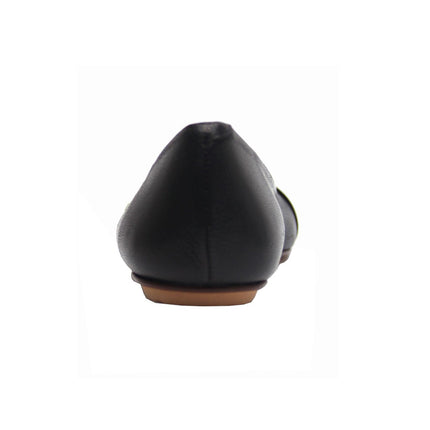 Black leather ballet flat with a square toe and a glossy patent band across the toe box back view