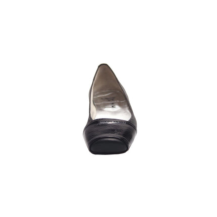 Black leather ballet flat with a square toe and a glossy patent band across the toe box front view 