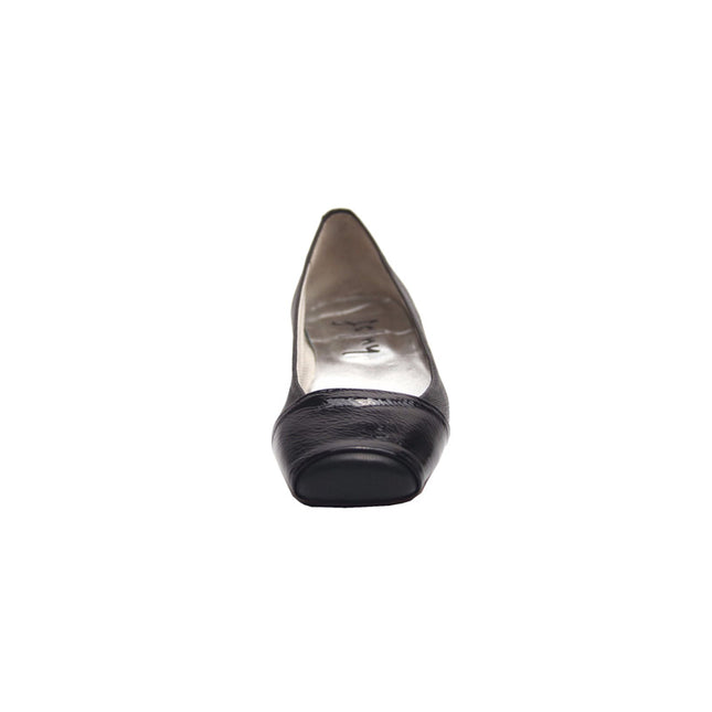 Black leather ballet flat with a square toe and a glossy patent band across the toe box front view 